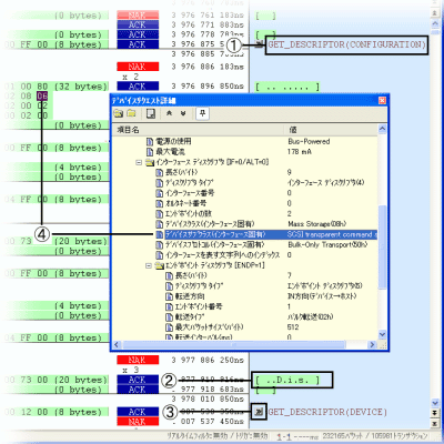 USB2.0 プロトコルアナライザー LE-620HS ソフト表示画面